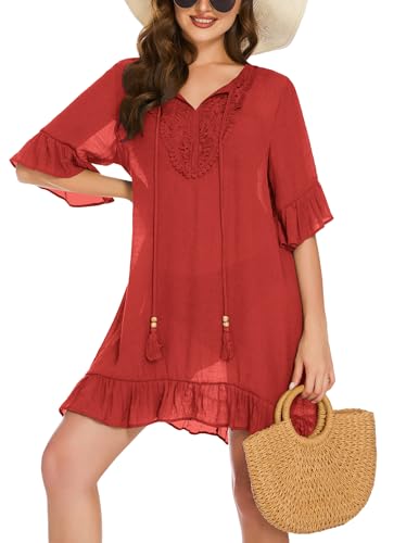 AI'MAGE Damen Strandkleid Spitze Strandtunika Kurz Sommer Strandponcho Bikini Cover Up Rot XXL von AI'MAGE