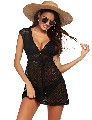 AI'MAGE Damen Strandkleid Sexy Spitze Bikini Cover Up Bademode Elegant Große Größen Sommerkleid Schwarz Blätter XXL von AI'MAGE