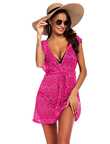 AI'MAGE Damen Strandkleid Sexy Spitze Bikini Cover Up Bademode Elegant Große Größen Sommerkleid rosa XXL von AI'MAGE