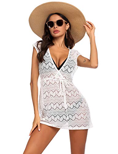 AI'MAGE Damen Strandkleid Sexy Spitze Bikini Cover Up Bademode Elegant Große Größen Sommerkleid weiß XXL von AI'MAGE