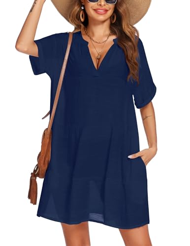 AI'MAGE Strandkleid Damen Luftig Bikini Cover Up Kurz Strandtunika V-Ausschnitt Strandmode Sexy Strandponcho Strand Shirt, Navy blau, L von AI'MAGE