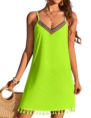 AI'MAGE Strandkleid Damen luftig Modisch Bikini Cover Up V-Ausschnitt Strandponcho mit über Verstellbare Spaghettiträger Strand Sommerkleid Grün XXL von AI'MAGE