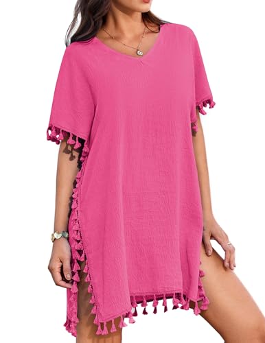 AI'MAGE Bikini Cover Up Damen Strandkleid Sommer Strandtunika Kurzarm Strandponcho Sommerkleider mit Quasten, Fuchsia, XXL von AI'MAGE