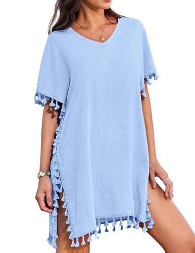 AI'MAGE Bikini Cover Up Damen Strandkleid Sommer Strandtunika Kurzarm Strandponcho Sommerkleider mit Quasten, Hellblau, XXL von AI'MAGE