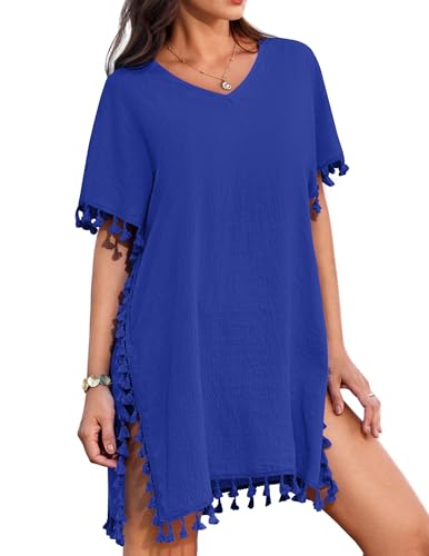 AI'MAGE Bikini Cover Up Damen Strandkleid Sommer Strandtunika Kurzarm Strandponcho Sommerkleider mit Quasten, Königsblau, XXL von AI'MAGE