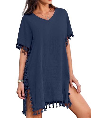 AI'MAGE Strandkleid Damen Sommer Sommerkleider Kurz Strandtunika Strandponcho Bikini Cover Up mit Quasten, Navyblau, S von AI'MAGE