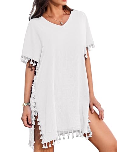 AI'MAGE Damen Strandkleid Sommer Kurzarm Bikini Cover Up V-Ausschnitt Badeanzug Strandtunika Chiffon Strandponcho, Weiß, L von AI'MAGE