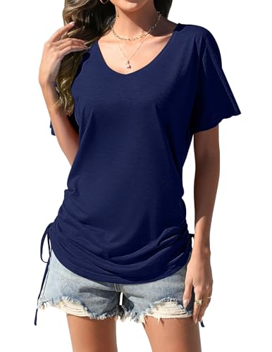 AI'MAGE Damen Strandkleid Sommer Strandtunika Kurz Bikini Cover Up Sommerkleid Strandponcho Bademode V-Ausschnitt Strand Vertuschen Shirt mit Kordelzug,Marineblau,S von AI'MAGE