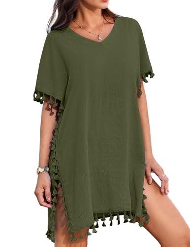 AI'MAGE Damen Strandkleid Sommer Strandponcho Kurzarm Bikini Cover Up Badeanzug V-Ausschnitt Strandtunika, Armeegrün, M von AI'MAGE