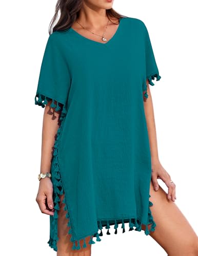 AI'MAGE Damen Strandkleid Sommer Strandponcho Kurzarm Bikini Cover Up Badeanzug V-Ausschnitt Strandtunika, Blaugrün, M von AI'MAGE
