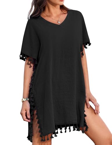 AI'MAGE Damen Strandkleid Sommer Strandponcho Kurzarm Bikini Cover Up Badeanzug V-Ausschnitt Strandtunika, Schwarz, M von AI'MAGE