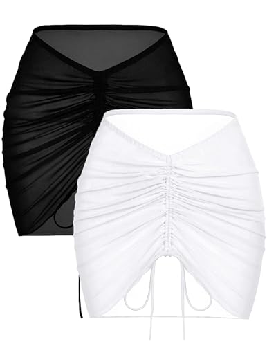 AI'MAGE Damen Strandwickel kurzer Transparenter Sexy Strand-Sarong Wickelröcke für Bademode 2 Stück Bikini Cover up, Schwarz und Weiß, S von AI'MAGE