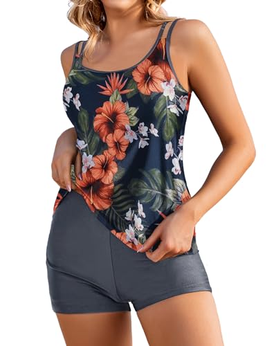 AI'MAGE Damen Zweiteilig Badeanzug Bademoden Bauchweg Tankini Set High Waist Beachwear Hotpants Badeanzug mit Zwei Trägern,Dunkelblau + Blume,L von AI'MAGE