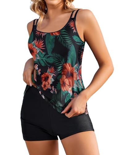 AI'MAGE Damen Zweiteilig Badeanzug Bademoden Bauchweg Tankini Set High Waist Beachwear Hotpants Badeanzug mit Zwei Trägern,Schwarz + Blume,S von AI'MAGE