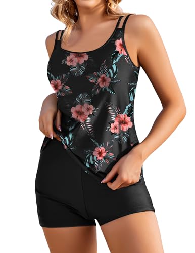 AI'MAGE Damen Zweiteilig Badeanzug Bademoden Bauchweg Tankini Set High Waist Beachwear Hotpants Badeanzug mit Zwei Trägern,Schwarz + Rosa,M von AI'MAGE