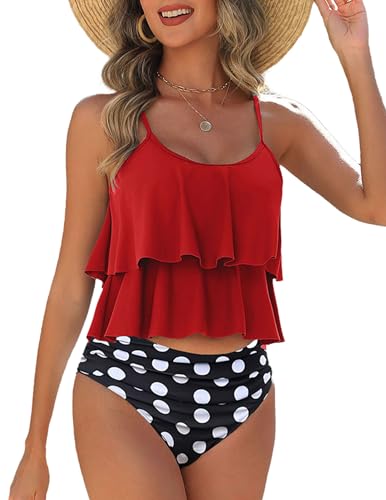 AI'MAGE Damen Zweiteiliger Badeanzug Bikini Sets Für Damen V Ausschnitt Blumenmuster Bikini Bademode Bauchkontrolle Bikini Sets rot XL von AI'MAGE