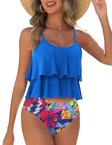 AI'MAGE Tankini Damen Bauchweg Bademode Set Damen Tankini Badeanzug Zweiteiler Tankinis Set Sommer Badeanzüge für Damen Tankini Oberteil mit Badeshorts blau S von AI'MAGE