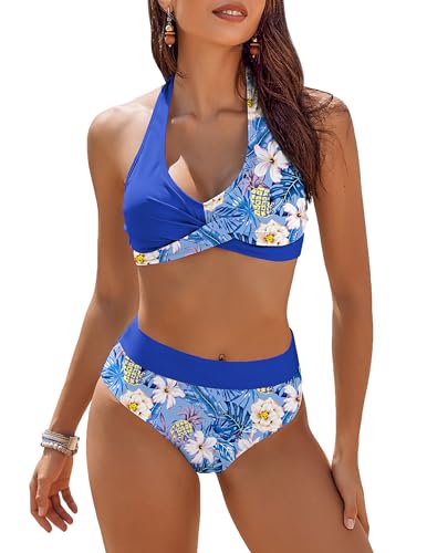 AI'MAGE Damen Zweiteiliger Badeanzug V-Ausschnitt Blumenmuster Bikini Bademode Bauchkontrolle Bikini Sets, Königsblau, S von AI'MAGE