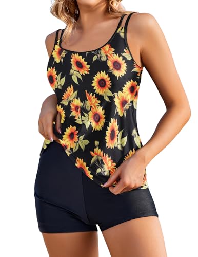 AI'MAGE Damen zweiteilig Badeanzug Push up Bademoden bauchweg Tankini Set high Waist Tankini Beachwear Hotpants,Schwarz + Sonnenblume,L von AI'MAGE