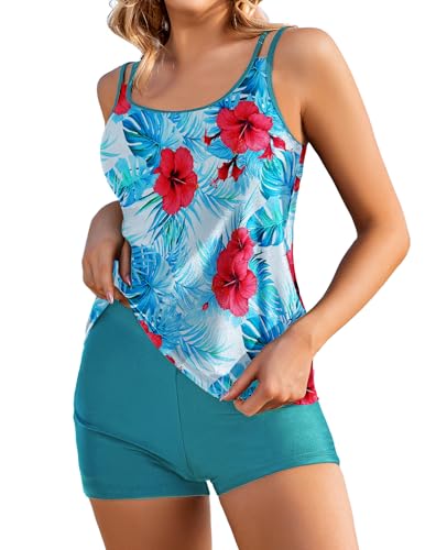 AI'MAGE Damen zweiteilig Badeanzug Push up Bademoden bauchweg Tankini Set high Waist Tankini Beachwear Hotpants,Weiß + Grün,S von AI'MAGE
