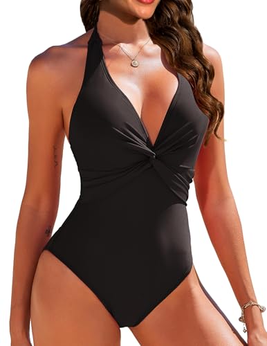 AI'MAGE Badeanzug Damen Bauchweg Neckholder Einteiliger Badeanzüge V-Ausschnitt Bademode, Schwarz, L von AI'MAGE