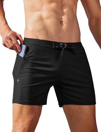 AI'MAGE Herren-Badehose, schnelltrocknend, sexy Badeanzug, Reißverschlusstaschen, Bademode mit Netzfutter, Schwarz, XXL Kurz von AI'MAGE