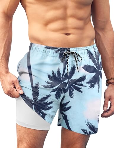 AI'MAGE Badehose Herren Lang Badeshorts Herren mit Meshfutter Schwimmhose Männer Kurz Swimming Shorts Men Bademode Sommer, Palmen, M von AI'MAGE