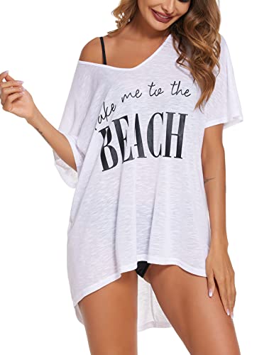 AI'MAGE Pareos Strandkleider Für Damen Strandponcho Bademode Sommer Badeanzug Bikini Cover Up Blau Badekleid Boyfriend-Stil Oversize Strandbluse Lose,Weiß,L von AI'MAGE