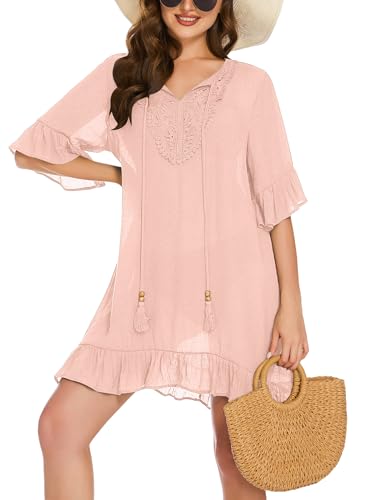 AI'MAGE Strandkleid Damen Bikini Cover Up Strandponcho Damen Sommer Pareos Sommerkleid Damen Elegant Bademode Strand Vertuschen Shirt für Urlaub, Rosa,L von AI'MAGE