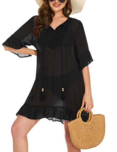 AI'MAGE Damen Strandkleid Sommerkleid Strandponcho Strandtunika Bikini Cover-Ups Strandurlaub Badeanzug Beachwear Bademode Kurze Kleid,Schwarz,M von AI'MAGE