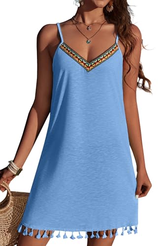 AI'MAGE Strandkleid Damen Luftig Sommer Bikini Bequem V-Ausschnitt Sommerkleider über Verstellbare Spaghettiträger Elegante Leichtigkeit Badeanzug Hellblau L von AI'MAGE