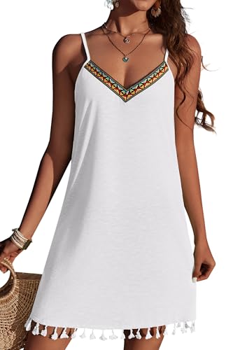 AI'MAGE Damen Sommerkleider Kurz Strandkleid Luftig Elegante Leichtigkeit Bikini Cover Up mit Quaste Spaghetti Trägerkleid Strandponcho Weiß M von AI'MAGE