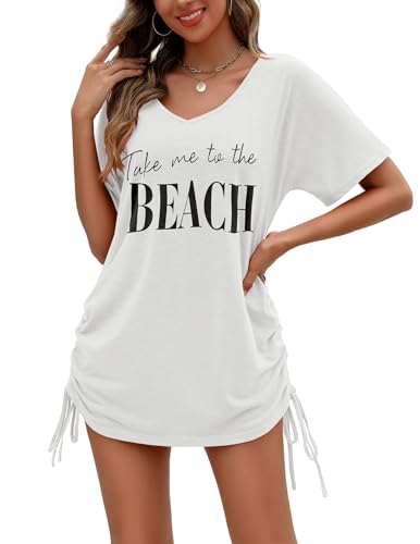 AI'MAGE Strandkleid Damen Strandponcho Sommer Bikini Badeanzug Cover Up Strandkleid Bademode Strand Shirt V-Ausschnitt Sommerkleider Bluse,Weiß,S von AI'MAGE