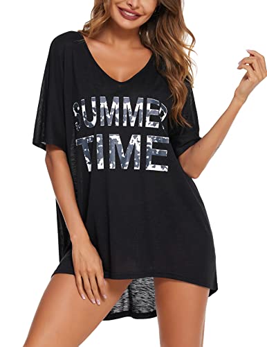 AI'MAGE Strandkleid Damen V-Ausschnitt Oversize Strandponcho Bikini Cover Up Beachwear Sommerkleid Badekleid Badeanzug S-XXL,Schwarz,XXL von AI'MAGE