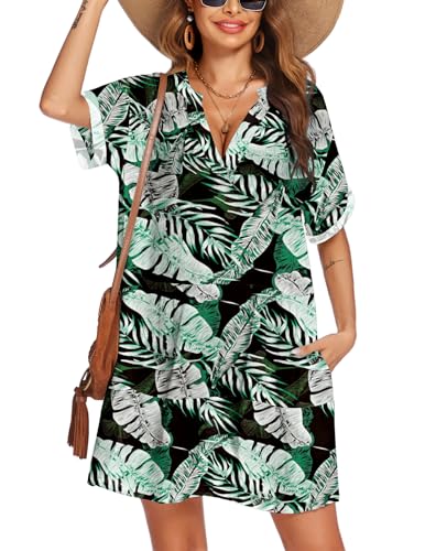 AI'MAGE Strandkleid für Damen Beach Bikini Cover Up Kurzarm Strandponcho Pareos Sommerkleid Bademode Kurz Vertuschen,Hawaiianische Grün Schwarz,M von AI'MAGE