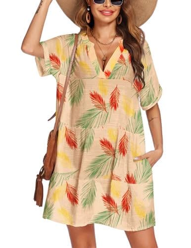AI'MAGE Strandkleid Damen Kurz Bikini Cover Up Sommer Strandponcho Luftig Strandmode V-Ausschnitt Strandtunika Strand Shirt, Hawaiianische Sekt, M von AI'MAGE