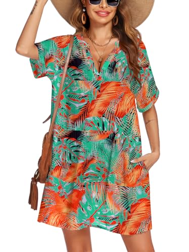 AI'MAGE Strandkleider Damen Kurze Kleid Badeanzug Bikini Cover Up V Ausschnitt Kurzarm Strand Hemdkleid, Hawaiianische Blätter Blau Orange, XXL von AI'MAGE