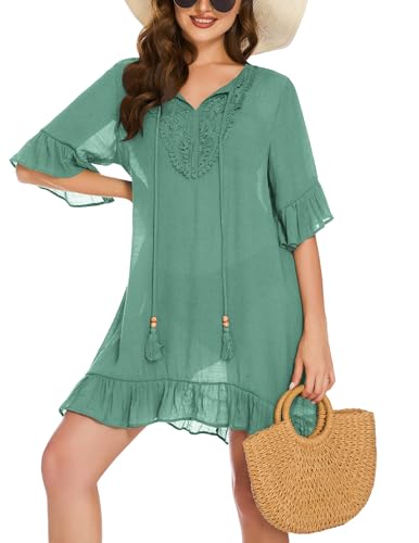 AI'MAGE Strandponcho Damen Sommer Bikini Cover Up Strandkleid Kurz Sommer Minikleid Strandurlaub Badeanzug Casual Lose Pareo Mit Rüschen,Grau Grün,XXL von AI'MAGE