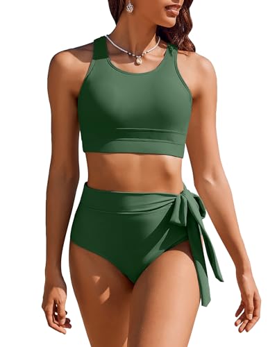 AI'MAGE Swimsuit Damen Zweiteiliger Badeanzug High Waisted Blumenmuster Bikini Set Bademode Sexy Badeanzüge Oberteil Bauchweg Sport, Dunkelgrün, L von AI'MAGE