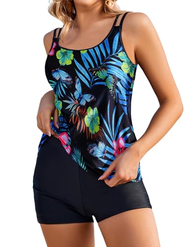 AI'MAGE Tankini Damen Bademode Set Damen Freizeit Tankini Badeanzug Zweiteiler Tankinis Set Elegant Badeanzüge für Damen Tankini Oberteil mit Badeshorts,Schwarz + Grün,L von AI'MAGE