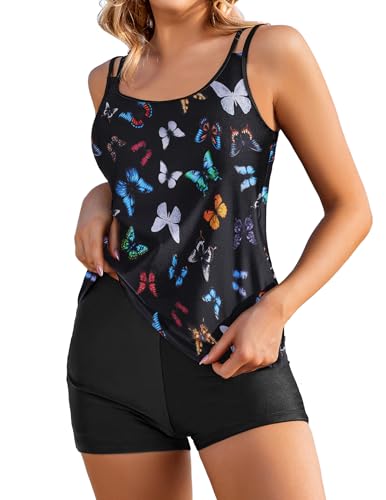 AI'MAGE Tankini Damen Bademode Set Damen Freizeit Tankini Badeanzug Zweiteiler Tankinis Set Elegant Badeanzüge für Damen Tankini Oberteil mit Badeshorts,Schwarz + Schmetterling,S von AI'MAGE