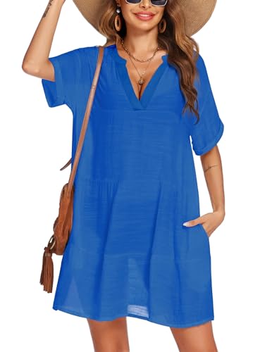 Damen Kurzarm Bikini Cover up Kurz Strandkleid Bademode Strand Shirt V Ausschnitt, Himmelblau, S von AI'MAGE