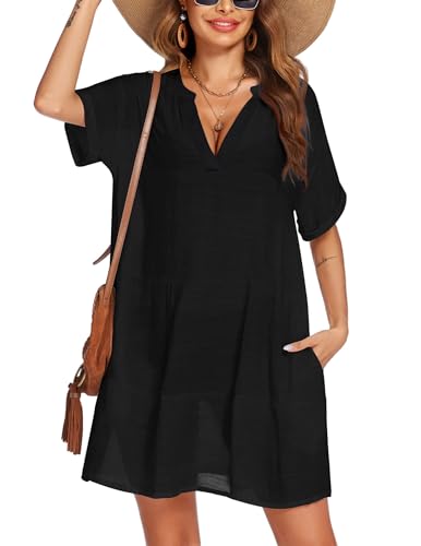 Damen Kurzarm Bikini Cover up Kurz Strandkleid Bademode Strand Shirt V Ausschnitt, Schwarz, S von AI'MAGE