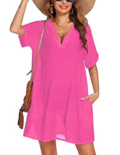 Damen Strandkleid Bikini Cover Up Kurz Strandponcho Sommer Bademode Strand Vertuschen Shirt, Rosenrot, L von AI'MAGE