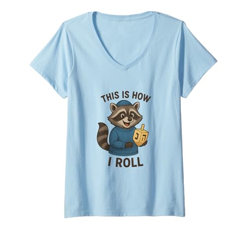 Damen Chanukkah Waschbär Funny Dreidel This is How I Roll NES Gadol T-Shirt mit V-Ausschnitt von AI Specialist Halloween Career Costumes