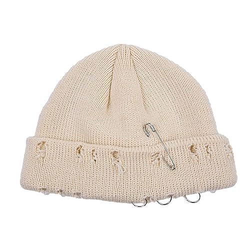 AIBEARTY Swag Kurze Fischermütze für Herren Damen Rollmanschette Beanie Skull Caps Wolle Strick Winter Skimütze mit O-Ringen, Beige mit Anstecknadel, Einheitsgr��e von AIBEARTY