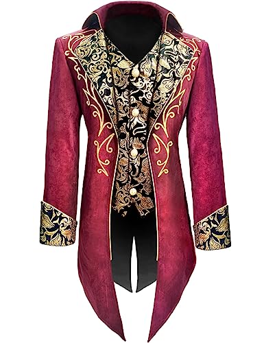 AIBEIX Herren Steampunk Vintage Frack Jacke Gothic Viktorianische Gehrock Uniform, Goldrand, rot, XX-Large von AIBEIX