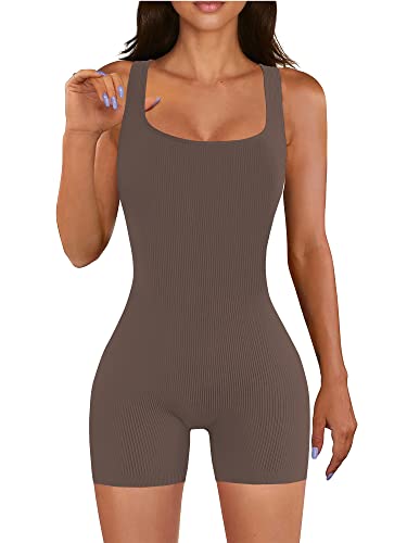 AIBIANOCEL Damen Sommer Gerippt Ärmellos Tank Bodycon Strampler Kurz Yoga Jumpsuit Catsuit Playsuit, Braun, Large von AIBIANOCEL