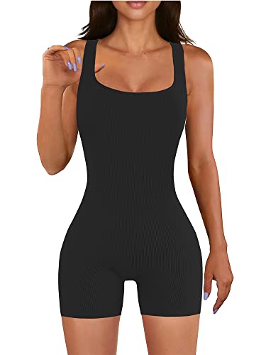 AIBIANOCEL Damen Sommer Gerippt Ärmellos Tank Bodycon Strampler Kurz Yoga Jumpsuit Catsuit Playsuit, Schwarz, Large von AIBIANOCEL