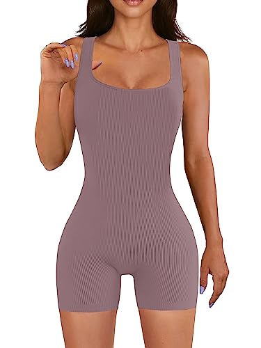 AIBIANOCEL Damen Sommer Gerippt Ärmellos Tank Bodycon Strampler Kurz Yoga Jumpsuit Catsuit Playsuit, Violett, Large von AIBIANOCEL